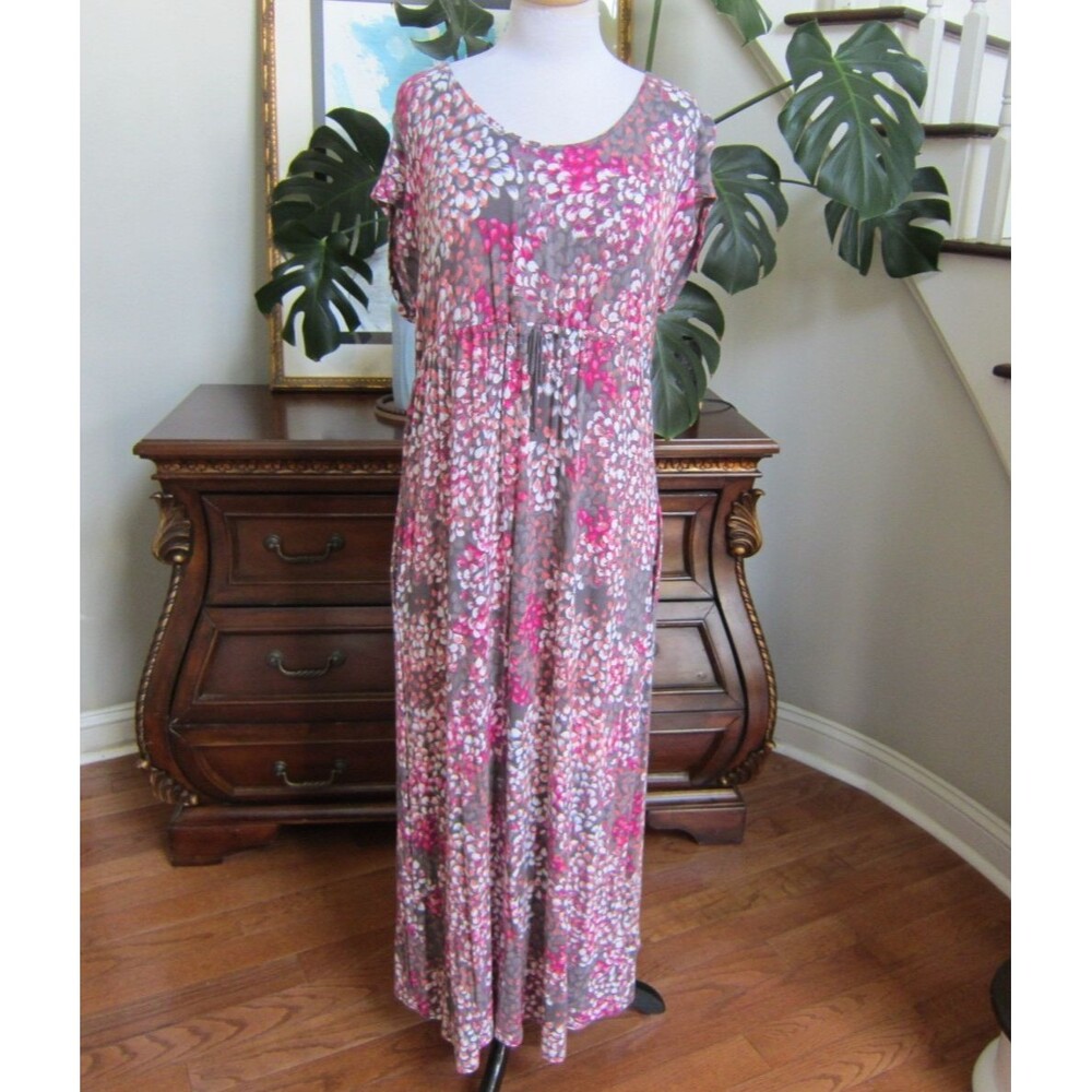 Carole Hochman Heavenly Soft Long Nightgown Pink Gray Floral w/ Pockets Size L